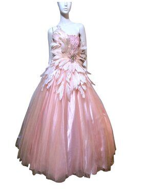 VTG Mac Duggal Strapless Gown 2 Feathers Rhinestones Tulle Corset Peachy Pink